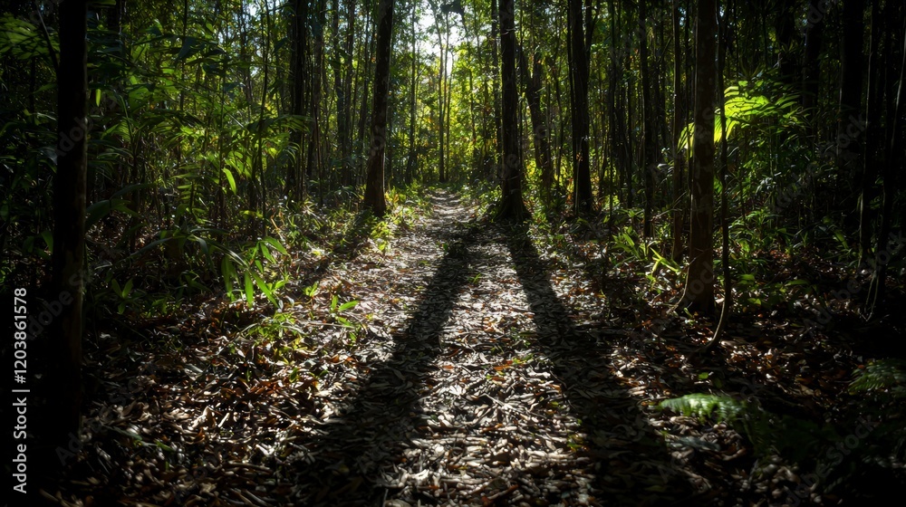 Poster tropical forest shadows cast on leafy pathway nature walk soft focus lush environment serene viewpoi