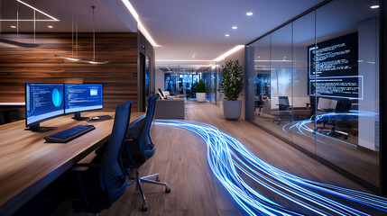 Modern office interior with fiber optic cables and technology