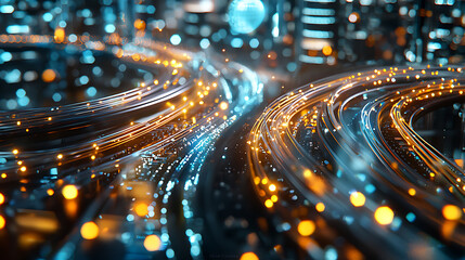 vibrant cityscape with glowing fiber optic cables creating dynamic flow of light. scene captures essence of modern technology and connectivity