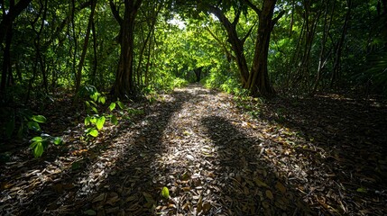 Obraz premium Shadows from tropical forest leaves nature trail soft focus image lush environment ground level serenity in nature