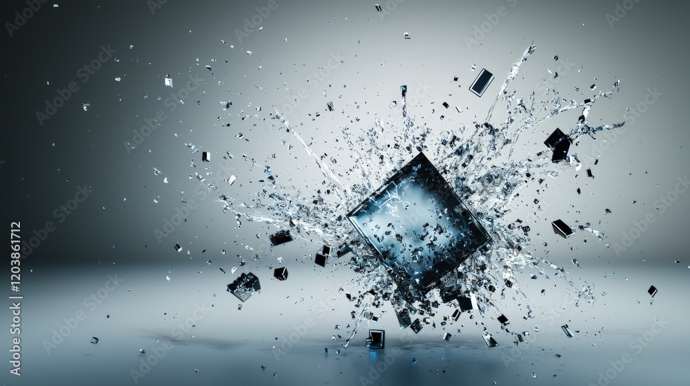 Fototapete Dynamic explosion of a breaking cube studio setting 3d artwork minimalist environment close-up view abstract concept