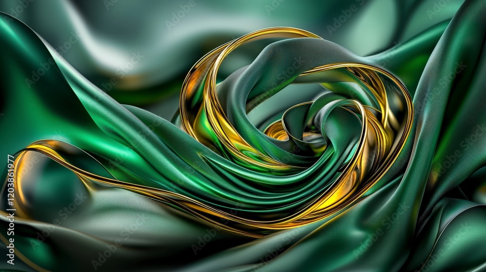 Aufkleber Dynamic abstract geometric rings twisting and overlapping in elegant green and gold textiles artistic composition digital art