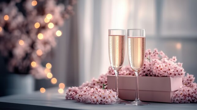 Celebration with sparkling drinks and floral decorations in a cozy setting during springtime
