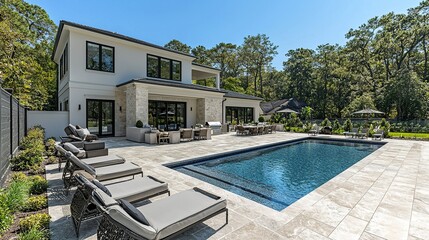 Fototapeta premium Modern house with pool, patio furniture, and lush backyard.