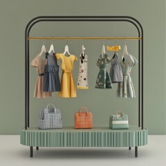 Clothing Rack with Dresses and Bags Displayed on Light Green Platform in Clean Studio Shot
