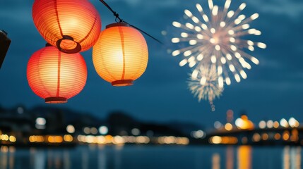 Colorful Lanterns with Fireworks Over Water at Twilight Evening