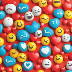social media communication emojis thumbs up Like and hearts icons background