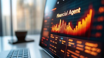 A graph on a computer labeled AI Financial Agent showcasing artificial intelligence as a virtual finance assistant representative for customer service support and stock market growth