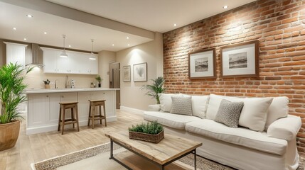 Fototapeta premium Modern living room with stylish decor and cozy ambiance in a brick wall apartment