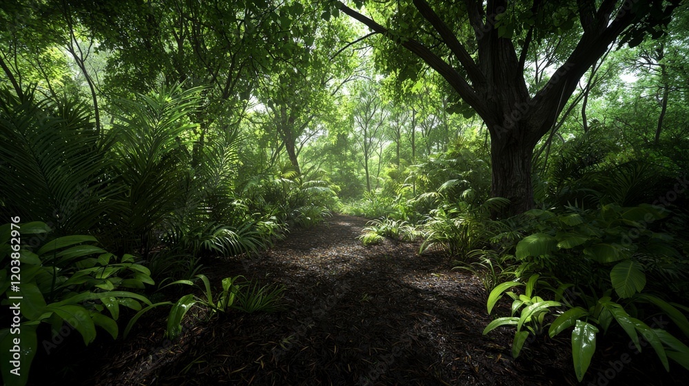 Poster serene tropical forest pathway lush green nature visual art tranquil environment ground-level perspe