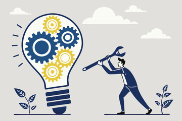 business idea, lightbulb with gear inside, businessman holding wrench, problem-solving concept, innovation, creativity, blue and yellow color scheme, minimalist illustration, flat design, cl