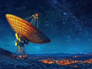 Obraz premium A satellite dish illuminated by stars in a night sky.