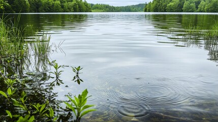Fototapeta premium Serene lake water reflections at dawn nature scene calm environment tranquil viewpoint abstract concept