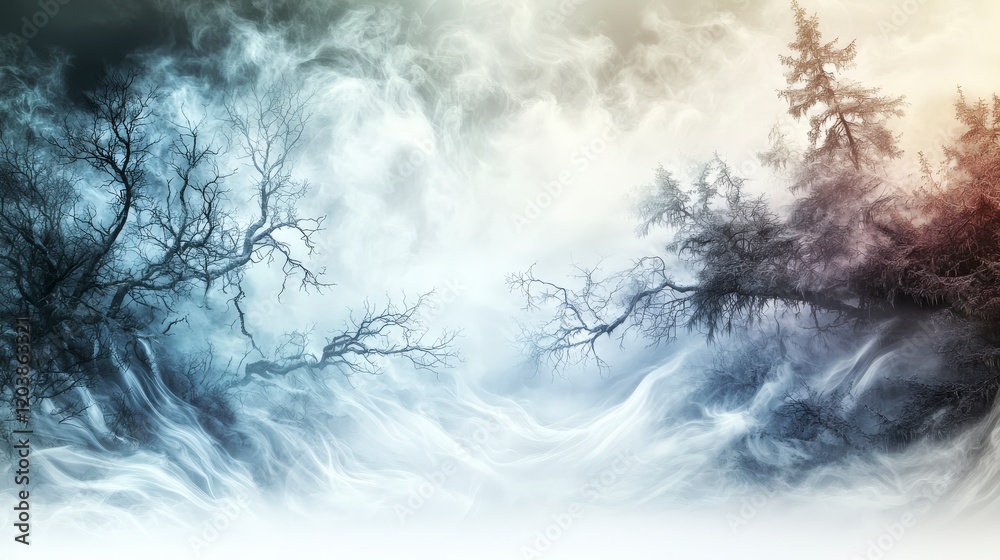 Poster misty clouds and ethereal trees in a dreamlike landscape abstract art surreal environment serene vie