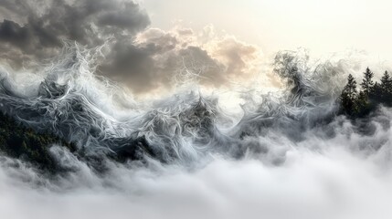 Mystical clouds and mist rolling over serene forest landscape abstract art dreamy atmosphere artistic viewpoint