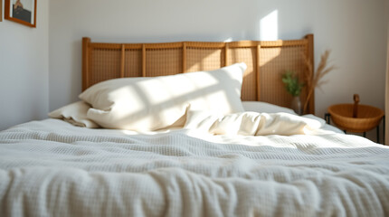 Cozy Bedroom Sunlight: A Peaceful Morning in a Minimalist Interior. Soft Bedding, Calming Atmosphere, and Tranquil Scene.