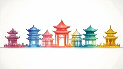 Obraz premium Colorful Asian temples, landscape, travel brochure