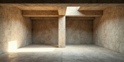 Sunlit Abstract Concrete Interior Space Minimalist Architectural Design with Beams and Central Column
