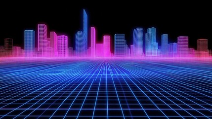 Fototapeta premium Neon Cityscape Wireframe Digital Metropolis