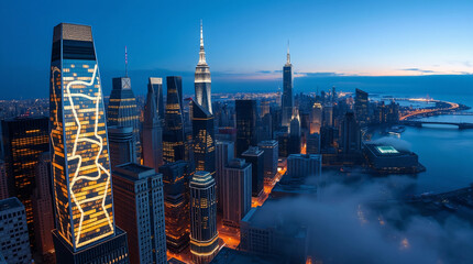 Naklejka premium Urban elegance captured in a panoramic photograph of the modern city skyline at dusk, with stunning reflections on the water creating a serene and sophisticated atmosphere.