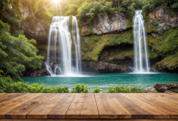 A serene scene of cascading waterfalls surrounded by lush greenery, with a wooden deck in the foreground, capturing the beauty and tranquility of a tropical paradise.