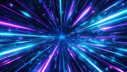 Obraz premium Abstract background in blue and purple neon glow colors on black. Speed tunnel of light in galaxy.