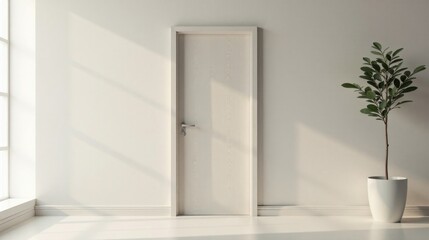 Simple Interior Design Minimalist Room with White Door and Potted Plant in Sunlight