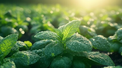 Morning Dewdrops on Lush Green Leaves in a Sunlit Field, Capturing Nature's Freshness and Vibrant Growth