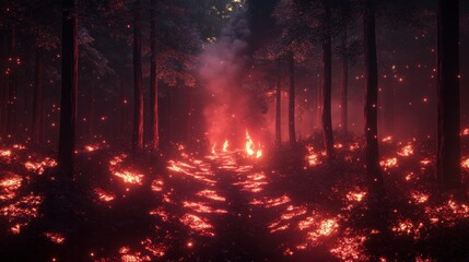 Naklejka premium Forest fire scene showing a path covered in flames surrounded by trees in the night