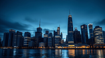 Obraz premium This panoramic photograph showcases the modern city skyline at dusk, with its vibrant lights reflected on the water, embodying the perfect blend of urban elegance and tranquil beauty.