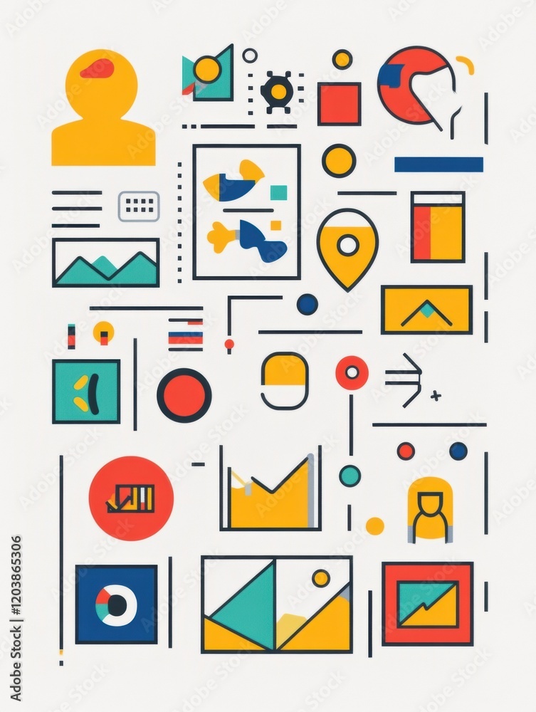 Poster colorful abstract design featuring various geometric shapes and icons representing data and informat