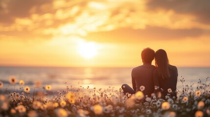 Couples enjoy romantic sunset on beach surrounded by wildflowers
