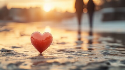 Romantic moment at sunset with heart decoration on wet surface near silhouettes of a couple walking