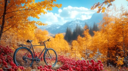 Fototapeta premium A serene autumn landscape featuring a bicycle amidst vibrant orange foliage and distant mountains
