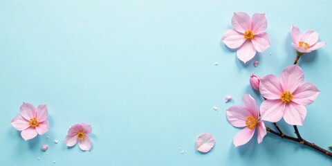 Obraz premium Delicate Pink Blossoms Arranged on Light Blue Background, Featuring a Branch with Several Open Flowers and Petals Scattered Around