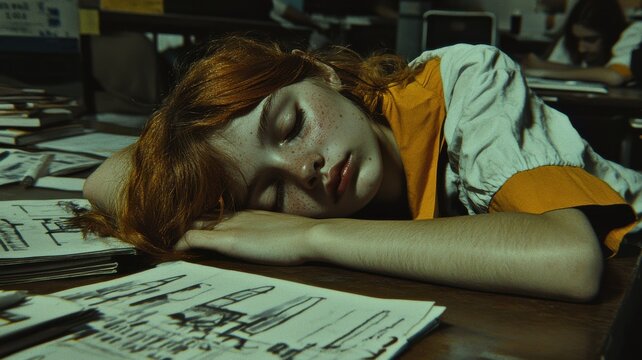 A tired student rests on her desk among scattered papers.