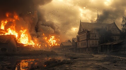 A small village on fire.