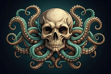 Fototapeta premium Minimalist Skull Kraken: Hand-Drawn Octopus Tentacles Embrace Skull Head