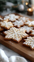 Fototapeta premium Festive gingerbread cookies shaped like snowflakes on a wooden platter decorated for winter celebration