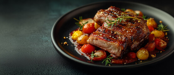 Fototapeta premium Grilled Steak Plating with Garnish and Vegetable Combination