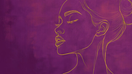 Obraz premium A blush purple canvas with a single golden outline of a woman's face in profile, space for text, international women's day