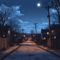 Obraz premium Quiet Night on a Residential Street Under Full Moonlight