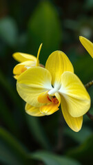 Fototapeta premium Close-up of yellow orchid with delicate white petals on a green foliage background, exotic, bloom