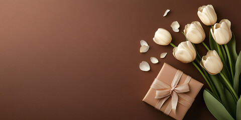 Bouquet of white tulips and gift box on beige or mocha mousse background. Banner template for spring holidays, women's day, mother's day and romantic greeting cards with space for text