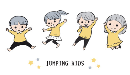 ジャンプする子どもたちのイラストセット素材
