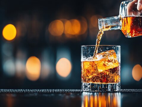 A refreshing drink being poured into a glass with ice.