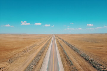 Naklejka premium A long, straight highway cutting through a flat desert landscape under a bright blue sky. Portrait and wallpaper. empty space for text.