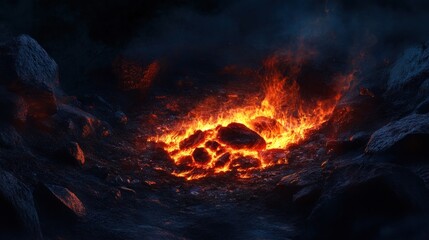 Volcanic Crater with Glowing Lava Rocks and Dark Smoky Surroundings