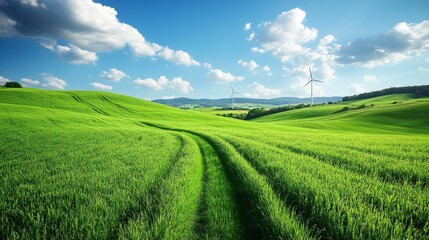 Fototapeta premium Scenic Green Landscape with Wind Turbines Under a Sunny Blue Sky and White Clouds