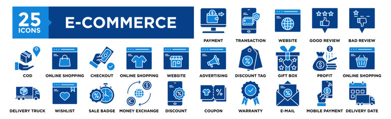 E-Commerce icon collection set. Containing design Payment, Transaction, Website, Good Review, Bad Review	
